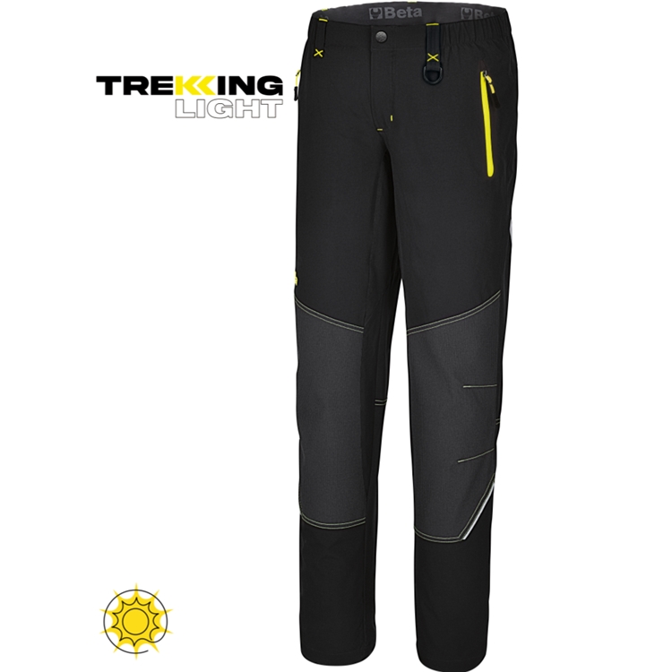 Hose "Work Trekking" LIGHT, 90 % Nylon, 10 % Elasthan-Gewebe, 140 g, verstärktes Gewebe an Knien und Rückseite, elastischer und mit Kordelzug verstellbarer Beinabschluss, schwarz mit gelben Details