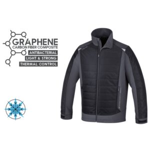 Arbeitsjacke mit Graphen-Wattierung 80 g, Vorder- und Rückseite aus 100 % Polyester 75D, Seitenteile und Ärmel 96 % Polyester, 4 % Elasthan, temperaturregulierend, wasserdicht, winddicht und