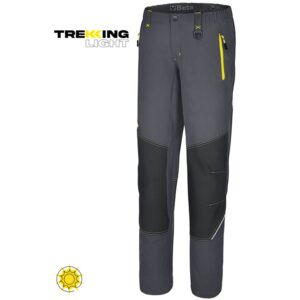 Hose "Work Trekking" LIGHT, 90 % Nylon, 10 % Elasthan-Gewebe, 140 g, verstärktes Gewebe an Knien und Rückseite, elastischer und mit Kordelzug verstellbarer Beinabschluss, dunkelgrau mit gelben Details