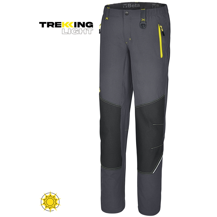 Hose "Work Trekking" LIGHT, 90 % Nylon, 10 % Elasthan-Gewebe, 140 g, verstärktes Gewebe an Knien und Rückseite, elastischer und mit Kordelzug verstellbarer Beinabschluss, dunkelgrau mit gelben Details