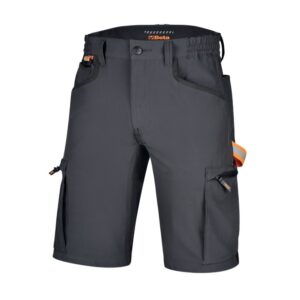Arbeitsbermuda mit vielen Taschen, elastisch, 4-Way-Stretch, 94 % Polyester, 6 % Elasthan, 140 g, verstärkte Taschen, elastischer Bund, anthrazit mit schwarzen Einsätzen