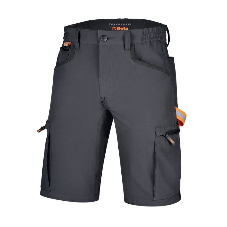 Arbeitsbermuda mit vielen Taschen, elastisch, 4-Way-Stretch, 94 % Polyester, 6 % Elasthan, 140 g, verstärkte Taschen, elastischer Bund, anthrazit mit schwarzen Einsätzen