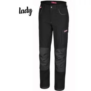 Damen-Arbeitshose mit vielen Taschen, schwarz mit rosa Details, 100 % elastische Baumwolle, 170 g, Knieschonertaschen und Beinabschluss verstärkt mit Polyester 300D, Schritt