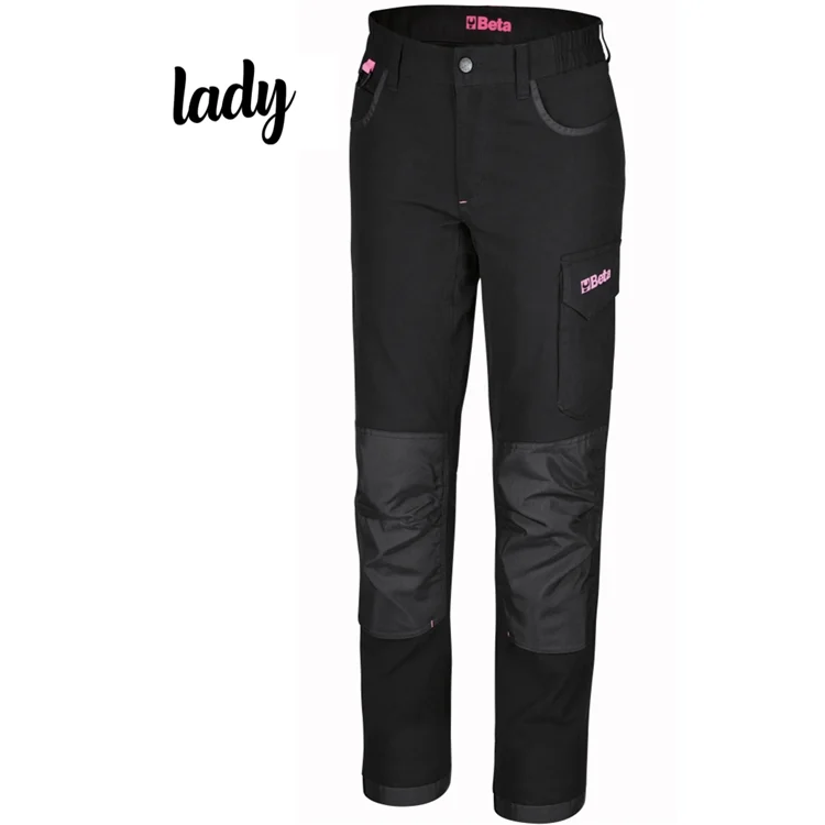 Damen-Arbeitshose mit vielen Taschen, schwarz mit rosa Details, 100 % elastische Baumwolle, 170 g, Knieschonertaschen und Beinabschluss verstärkt mit Polyester 300D, Schritt