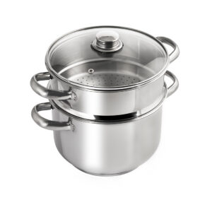 Dämpftopf Easy ø 20 cm 3,45 l H. 23,5 aus Edelstahl AISI 430 mit 1 Einsatz – Glasdeckel mit Edelstahlknauf – Kapselboden für Induktion, im bedruckten Karton