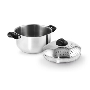 Pastatopf mit Abgießfunktion Easy ø 24 cm H. 13 cm 5,5 l aus Edelstahl AISI 430, außen poliert, innen satiniert, Edelstahldeckel mit Abgießfunktion, für alle Herdarten, auch Induktion, im bedruckten K