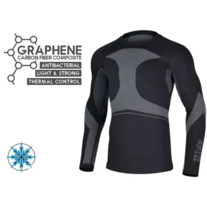 Technisches Funktionsunterhemd langarm, elastisch, 70 % Polyamid, 28 % Polyester mit Graphen, 2 % Elasthan, 230 g, schwarz mit grauen Details, temperaturregulierend und atmungsaktiv