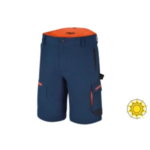 Leichte Arbeitsbermuda mit vielen Taschen, elastisch, 86 % Nylon – 14 % Elasthan, 140 g, blau, hintere Taschen verstärkt mit Polyester 300D, reißfester Schritt
