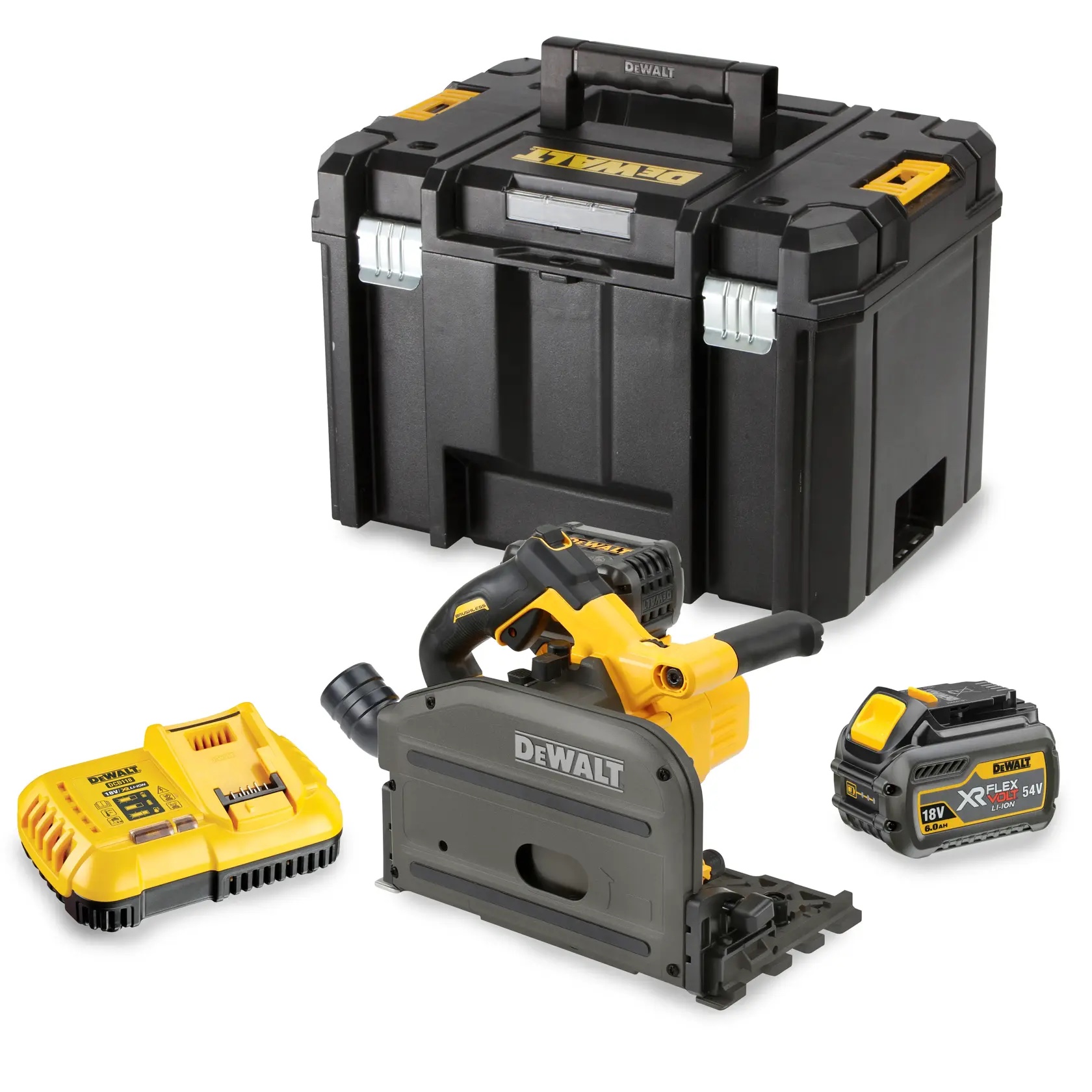 54 Volt Akku-Tauchkreissaege 165mm (bürstenlos), Führungsschuh – mit 2 FLEXVOLT-Akkus 6,0 Ah und Ladegerät