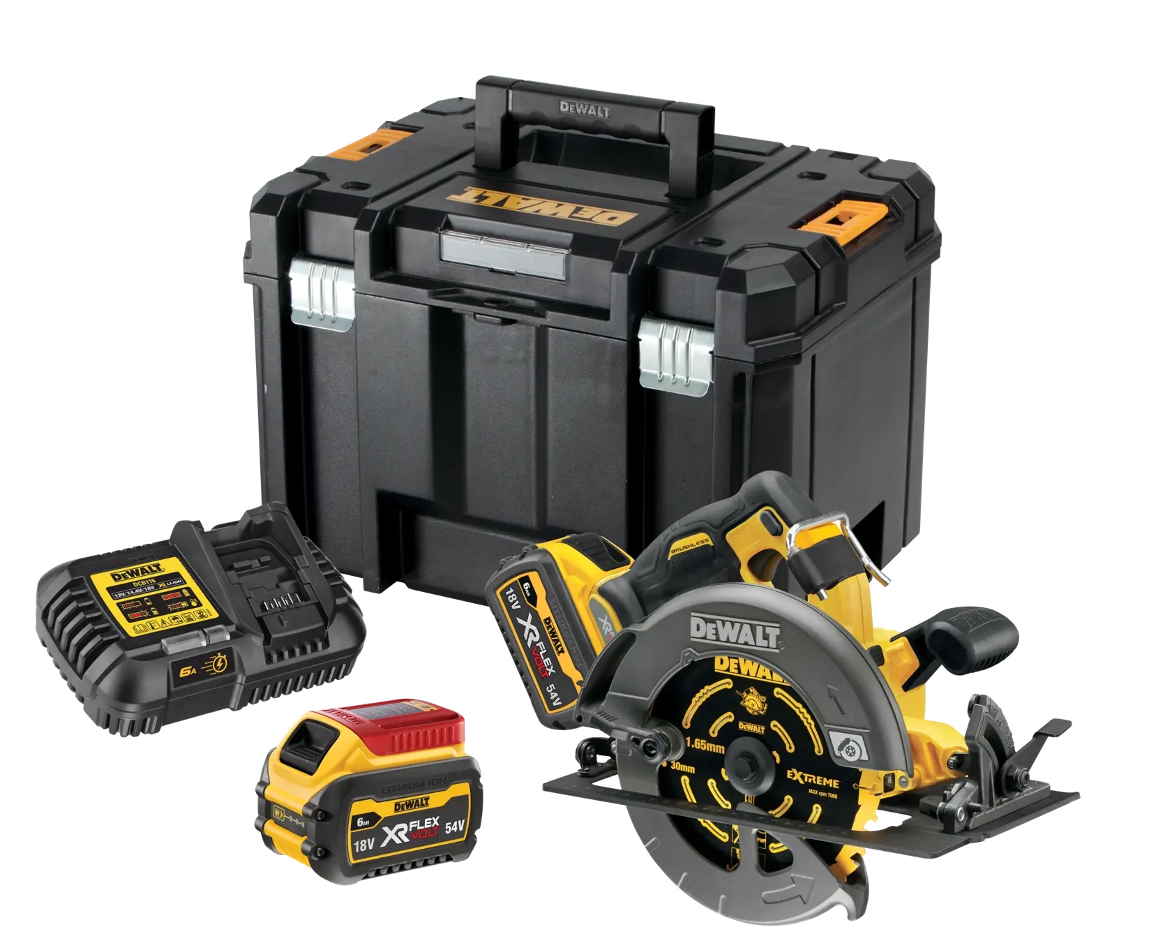 54 Volt Akku-Winkelschleifer 125mm (bürstenlos) – mit 2 FLEXVOLT-Akkus 6 Ah und Ladegerät