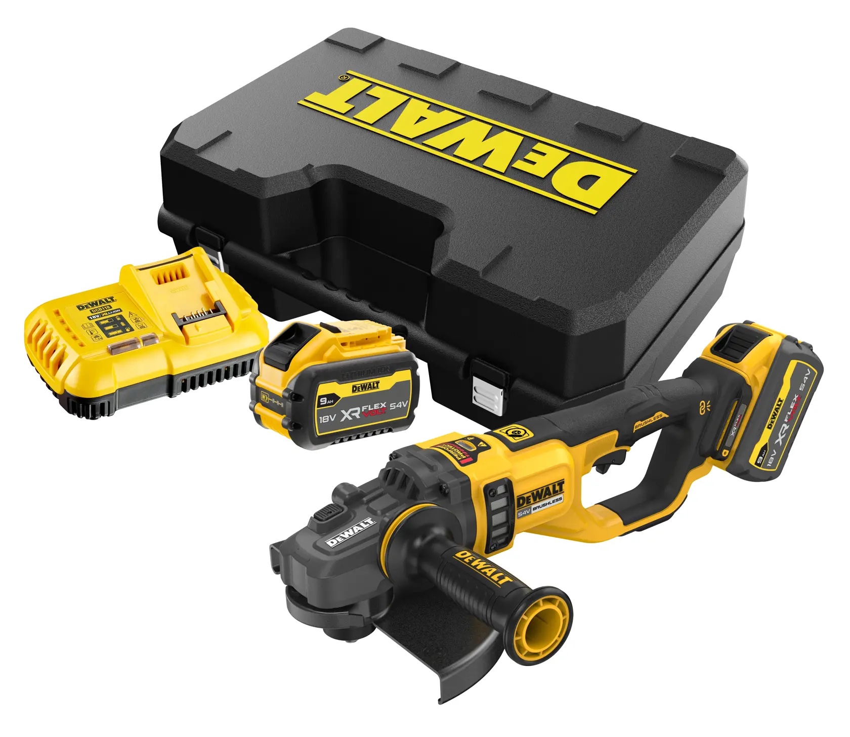 54 Volt XR FLEXVOLT Akku-Winkelschleifer 230mm – mit 2 FLEXVOLT-Akkus 9 Ah und Ladegerät
