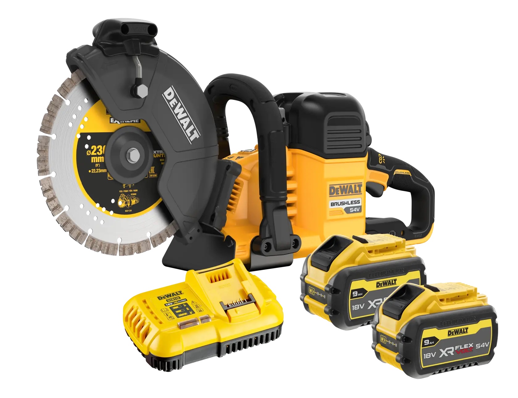 54 Volt FLEXVOLT Akku-Trennschleifer (230 mm) – mit 2 FLEXVOLT-Akkus 9,0 Ah und Ladegerät